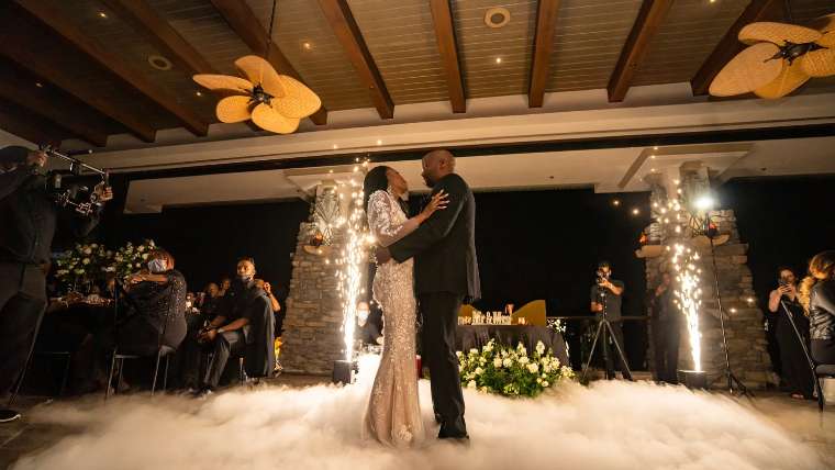 First dance under sparklers and fog at a reception, Las Vegas wedding videography and highlight films